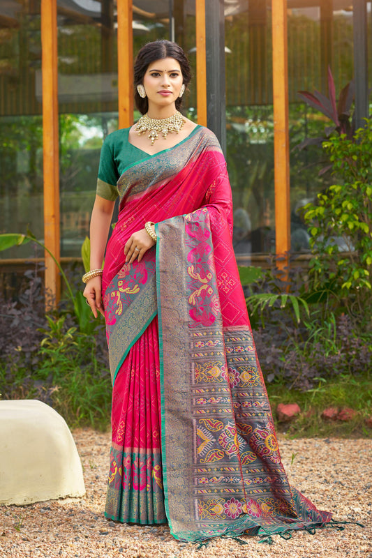 Rani Pink and Green Banarasi Silk Saree with Rich Zari Woven Border