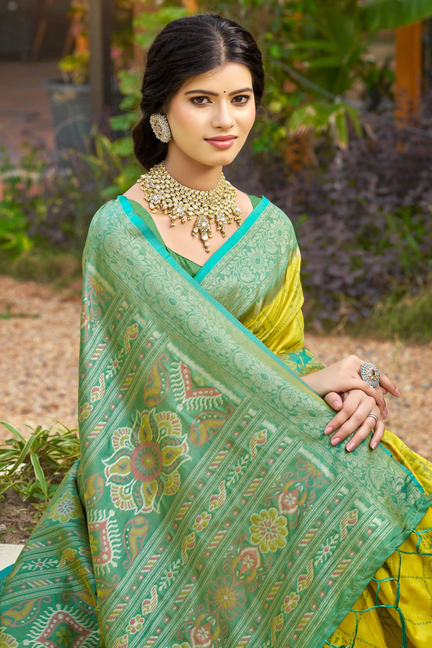 Yellow and Green Banarasi Silk Saree with Rich Zari Woven Border