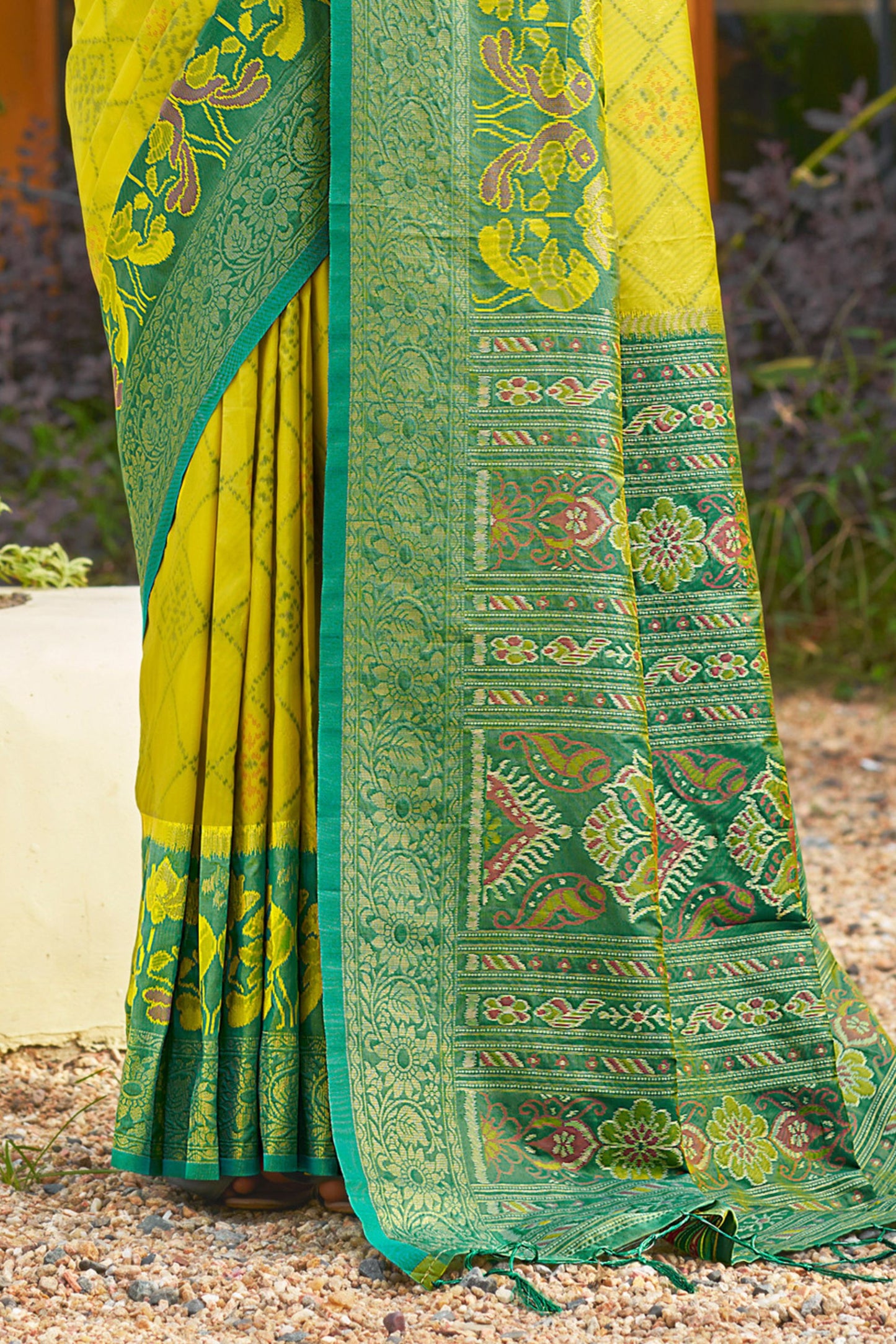 Yellow and Green Banarasi Silk Saree with Rich Zari Woven Border