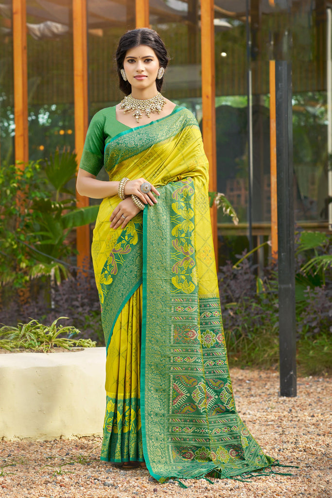 Yellow and Green Banarasi Silk Saree with Rich Zari Woven Border