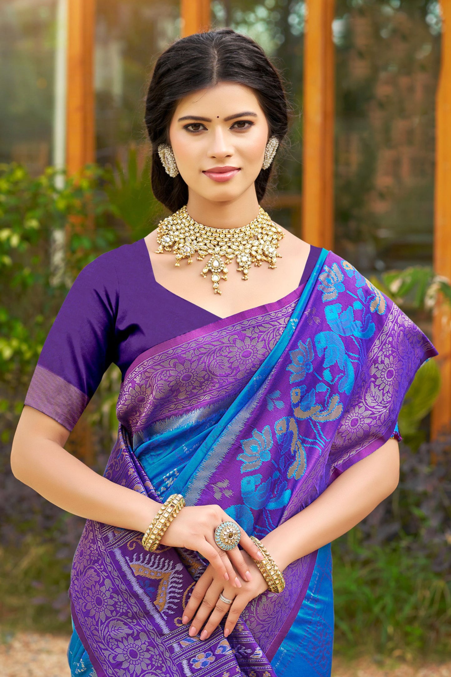 Royal Blue Purple Banarasi Silk Saree with Zari Woven Border