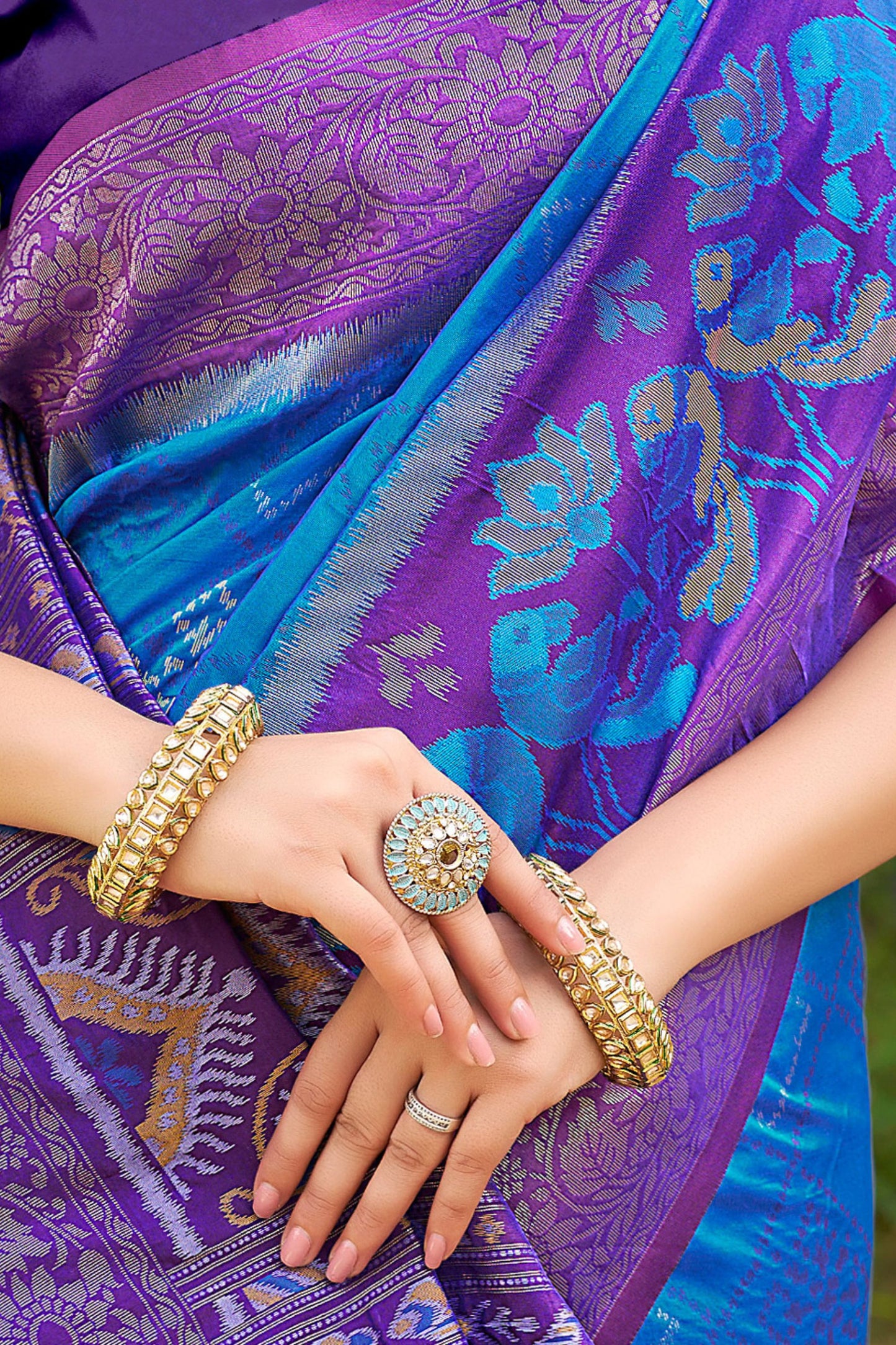 Royal Blue Purple Banarasi Silk Saree with Zari Woven Border