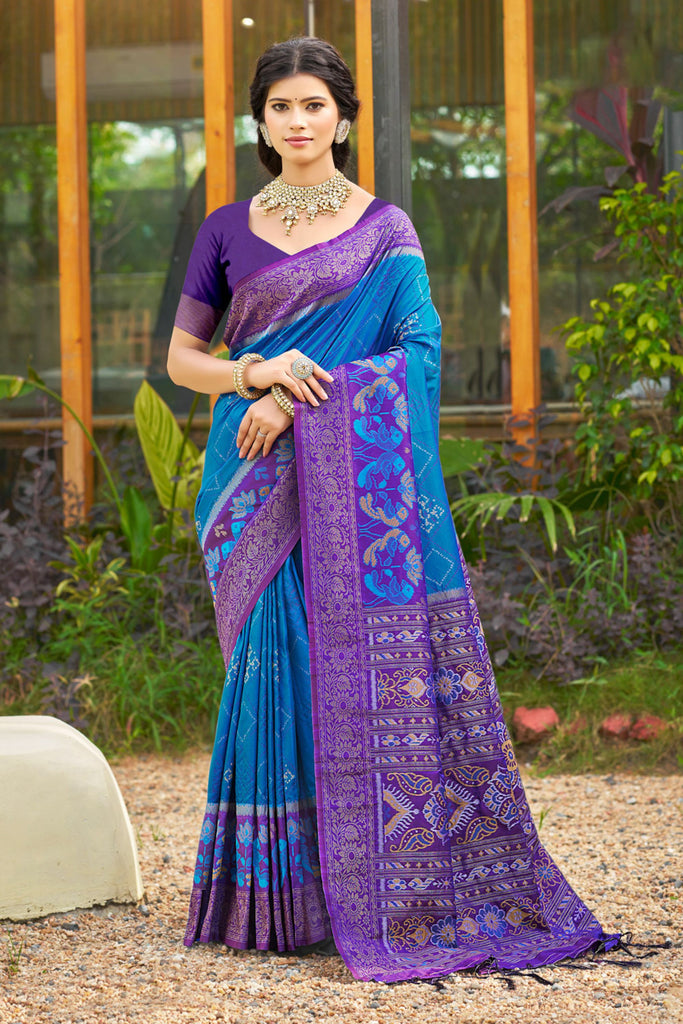 Royal Blue Purple Banarasi Silk Saree with Zari Woven Border
