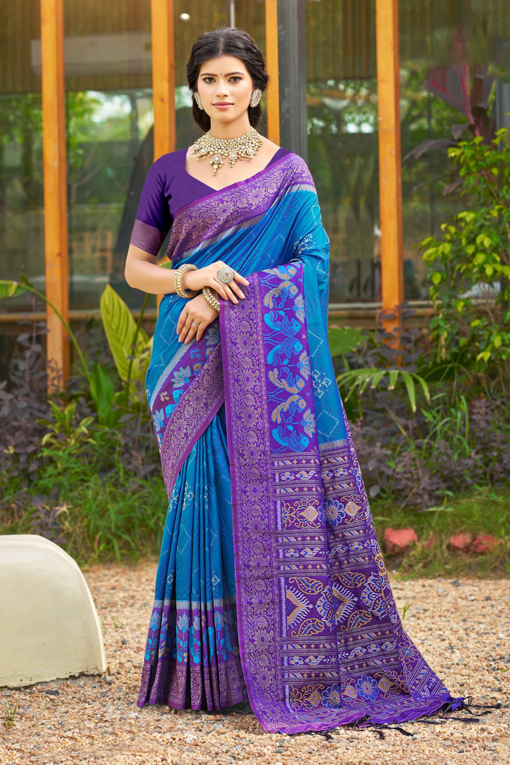 Royal Blue Purple Banarasi Silk Saree with Zari Woven Border
