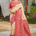 Cream Pink Floral Woven Silk Saree with Rich Pallu and Border