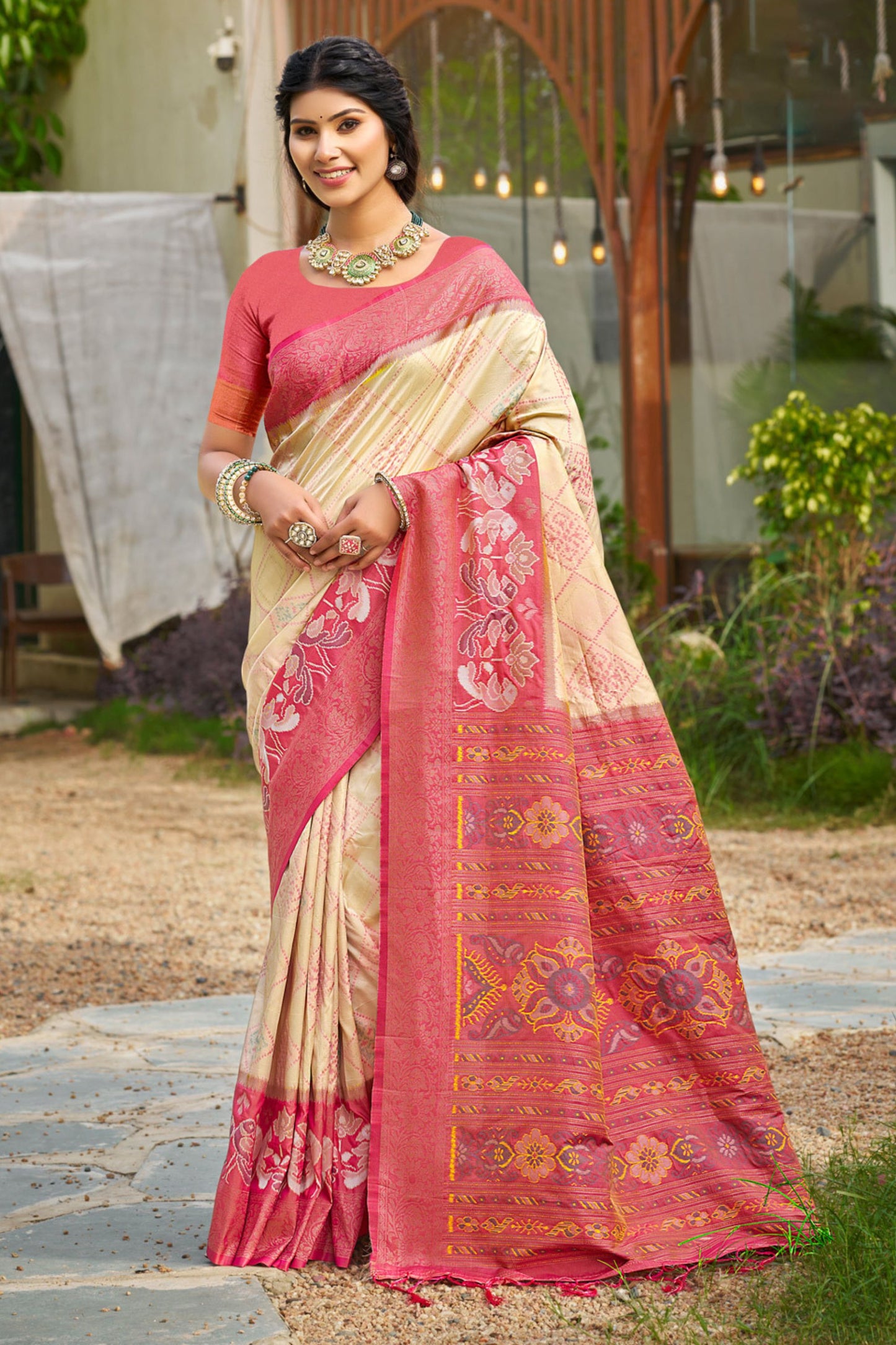 Cream Pink Floral Woven Silk Saree with Rich Pallu and Border