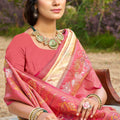 Cream Pink Floral Woven Silk Saree with Rich Pallu and Border