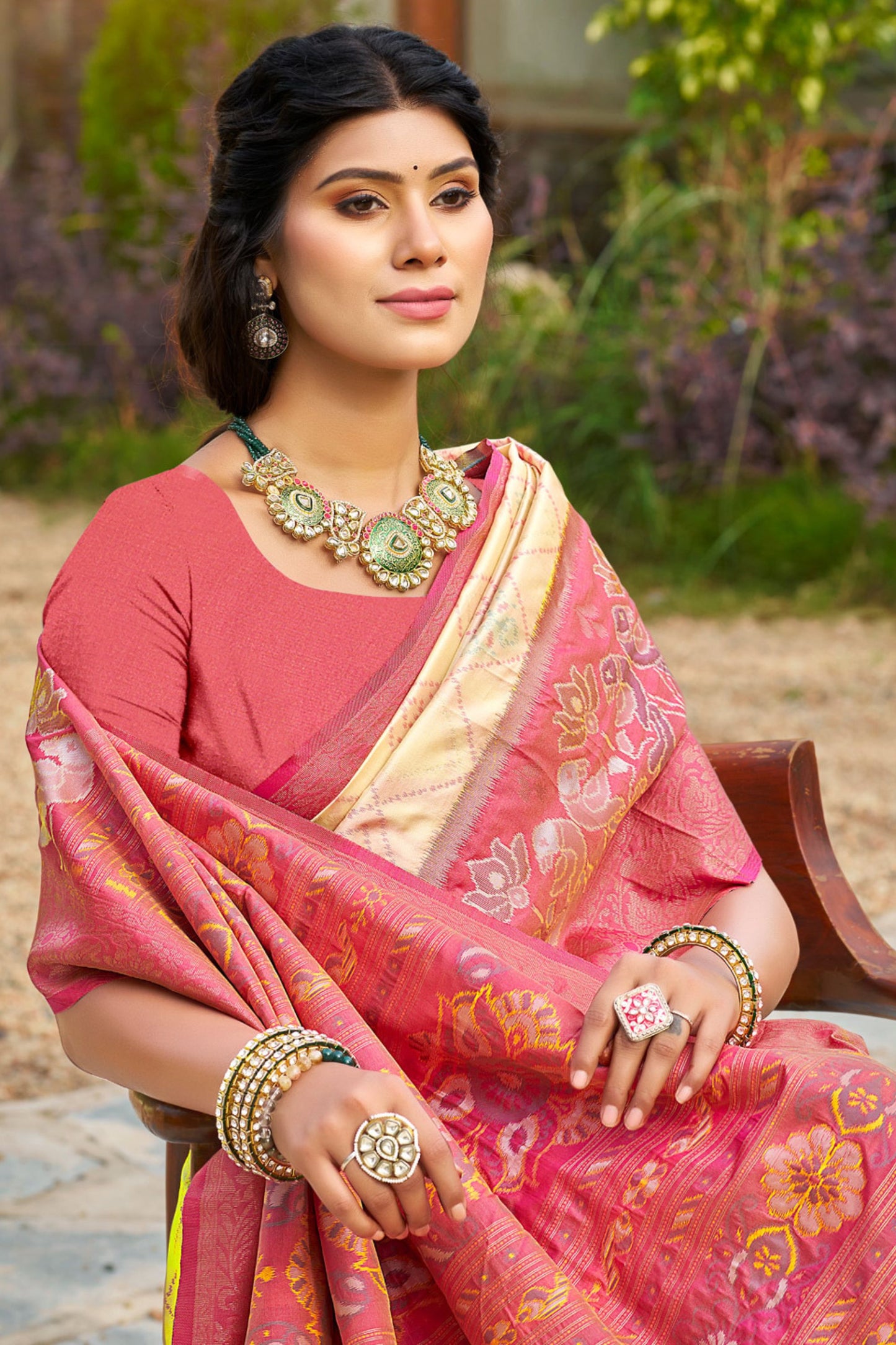 Cream Pink Floral Woven Silk Saree with Rich Pallu and Border