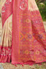 Cream Pink Floral Woven Silk Saree with Rich Pallu and Border
