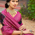 Black Magenta Woven Silk Saree Floral Motifs Rich Pallu Contrast Border