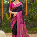 Black Magenta Woven Silk Saree Floral Motifs Rich Pallu Contrast Border