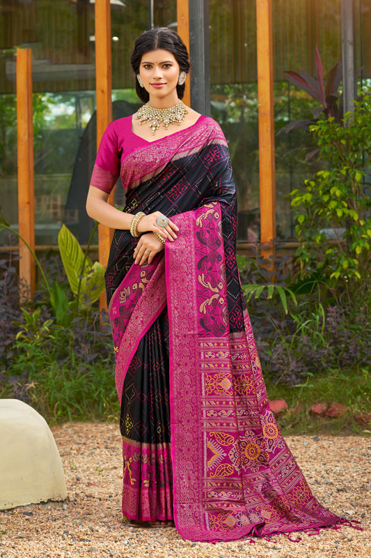 Black Magenta Woven Silk Saree Floral Motifs Rich Pallu Contrast Border