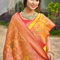 Mustard Yellow Red Woven Silk Saree Floral Motifs Rich Pallu Contrast Border