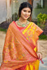 Mustard Yellow Red Woven Silk Saree Floral Motifs Rich Pallu Contrast Border