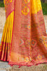 Mustard Yellow Red Woven Silk Saree Floral Motifs Rich Pallu Contrast Border