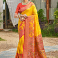 Mustard Yellow Red Woven Silk Saree Floral Motifs Rich Pallu Contrast Border