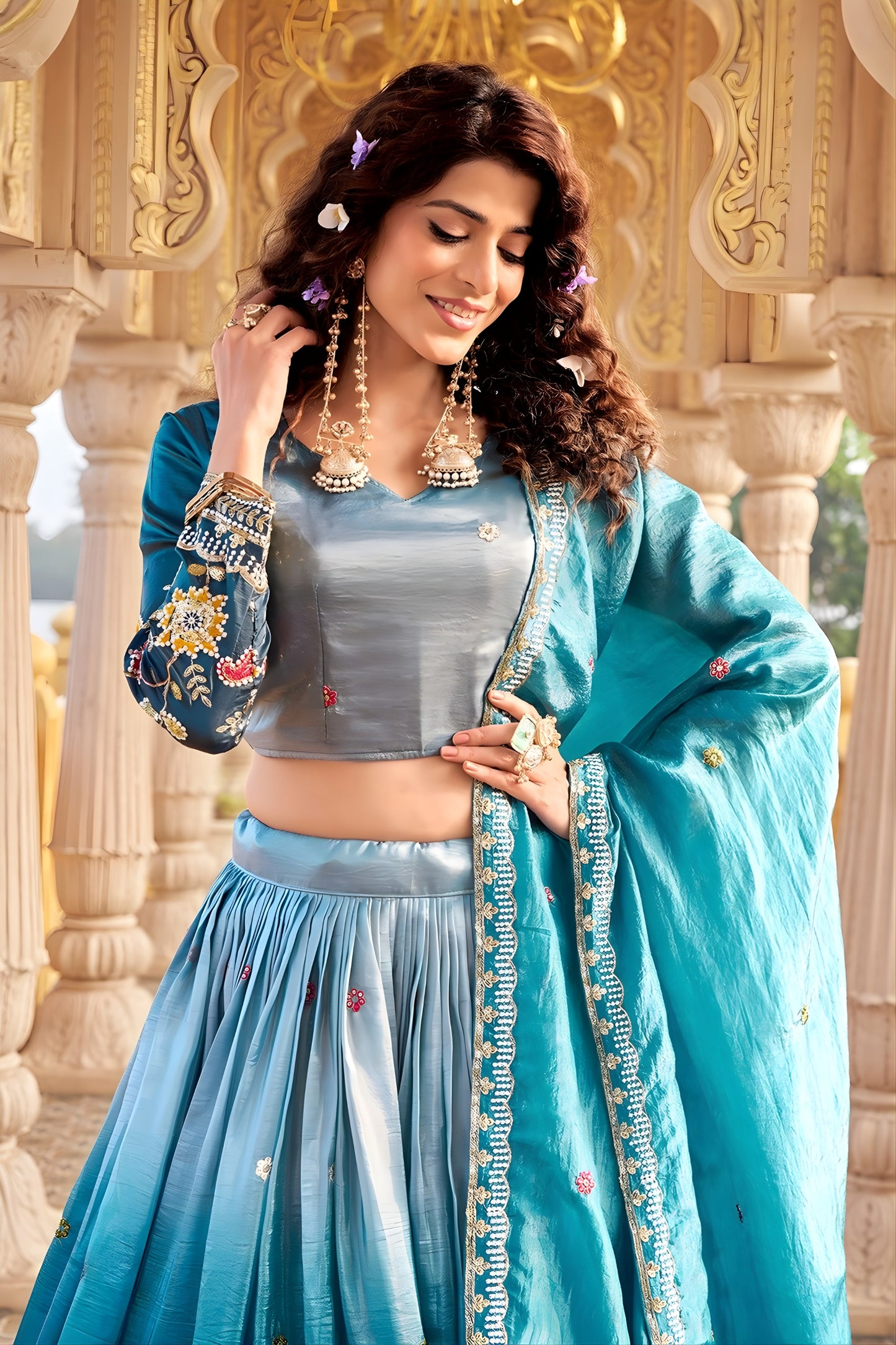 Elegant Teal Blue Embroidered Gold Crush Silk Lehenga Choli with Dupatta for Wedding
