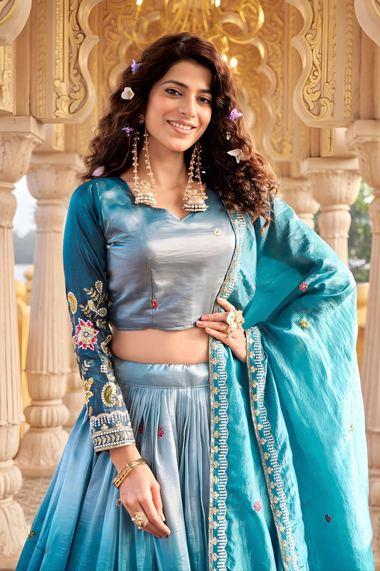 Elegant Teal Blue Embroidered Gold Crush Silk Lehenga Choli with Dupatta for Wedding