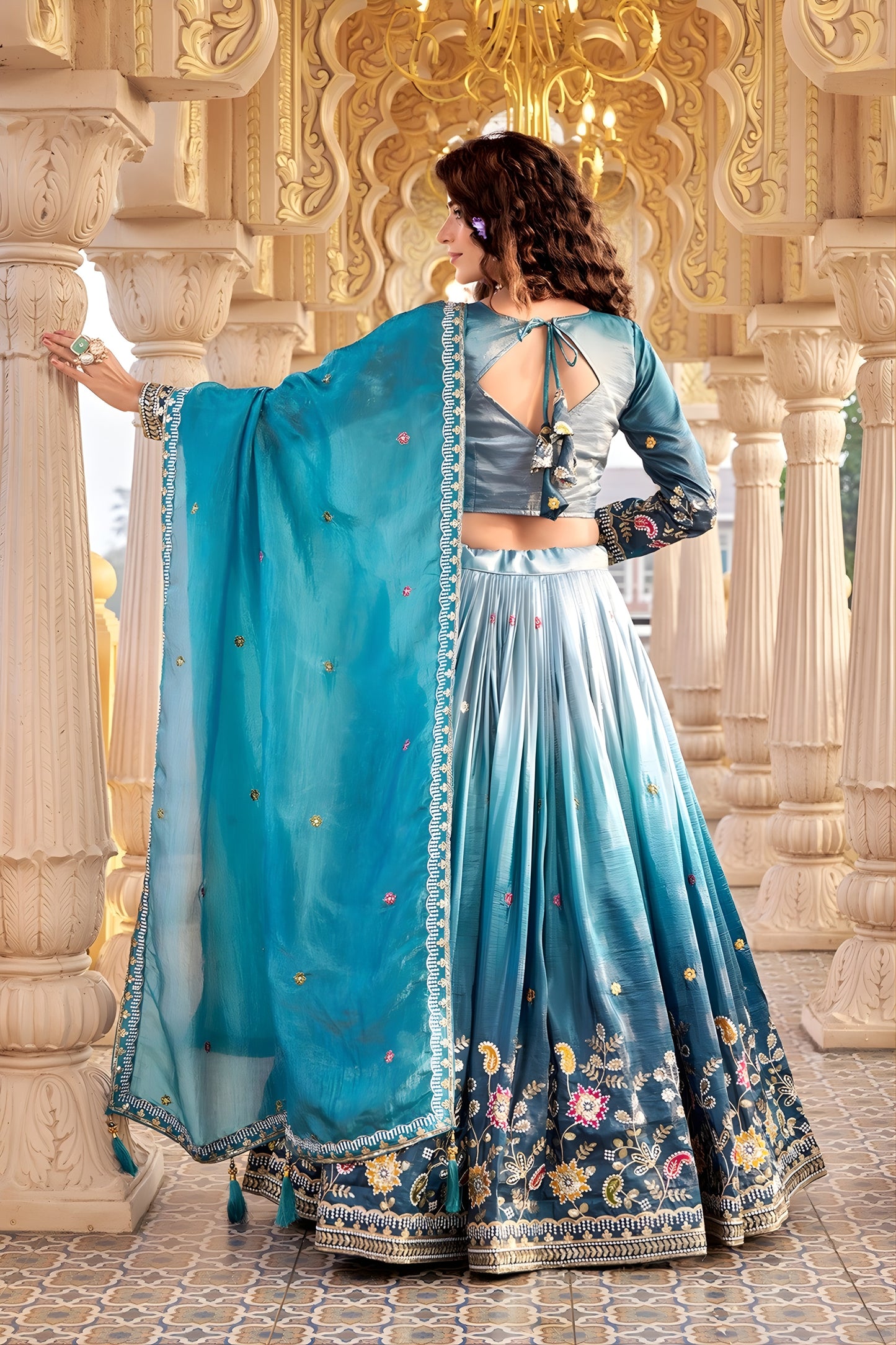 Elegant Teal Blue Embroidered Gold Crush Silk Lehenga Choli with Dupatta for Wedding