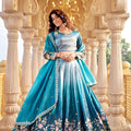 Elegant Teal Blue Embroidered Gold Crush Silk Lehenga Choli with Dupatta for Wedding