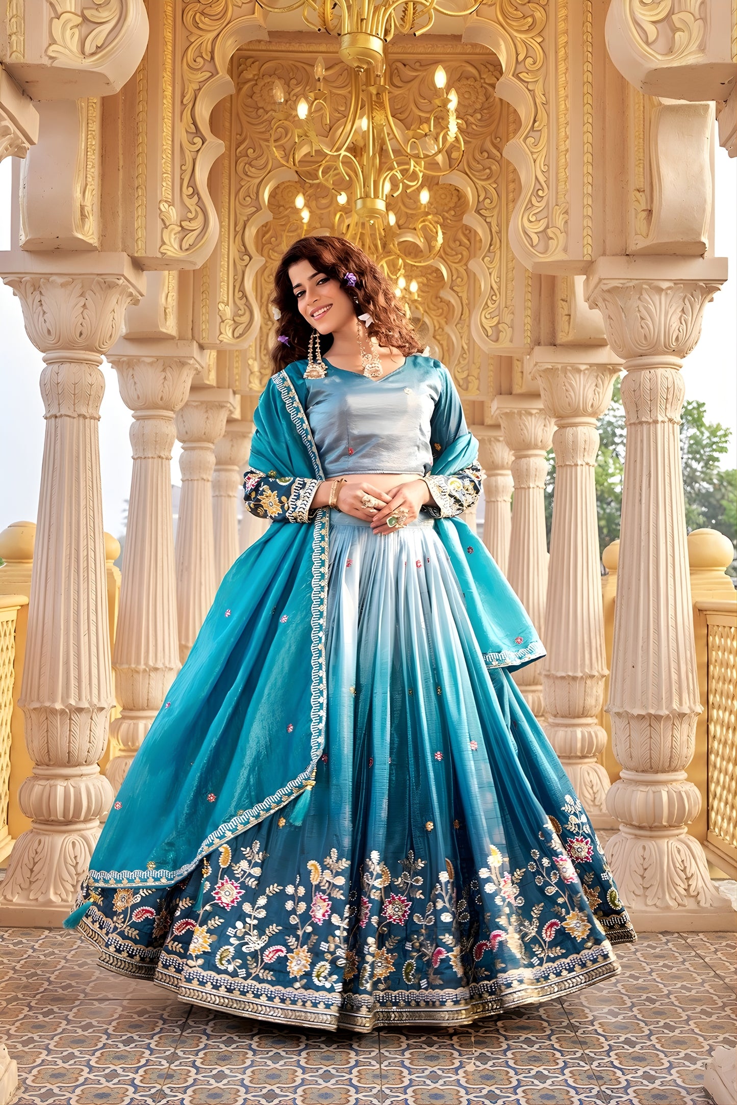 Elegant Teal Blue Embroidered Gold Crush Silk Lehenga Choli with Dupatta for Wedding