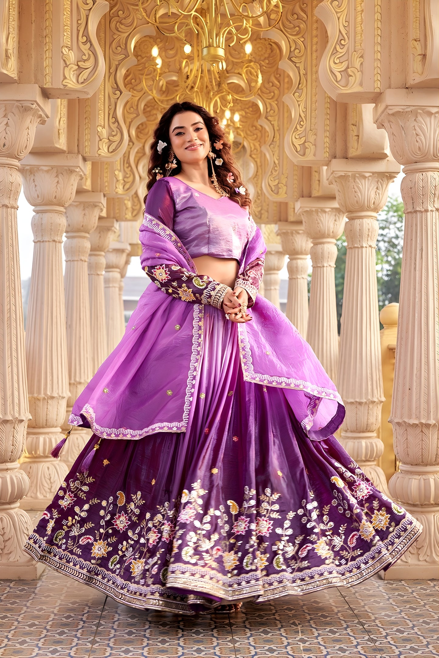 Trendy Purple Embroidered Gold Crush Silk Lehenga Choli with Dupatta for Wedding