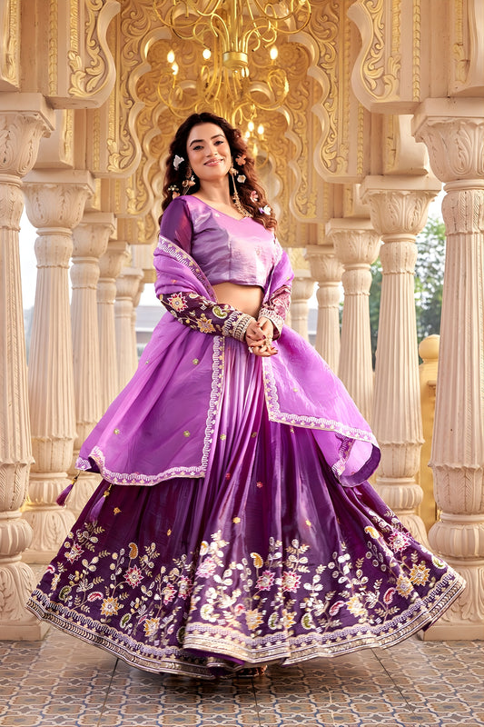 Trendy Purple Embroidered Gold Crush Silk Lehenga Choli with Dupatta for Wedding