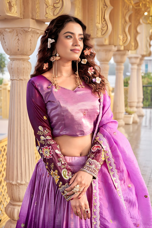 Trendy Purple Embroidered Gold Crush Silk Lehenga Choli with Dupatta for Wedding