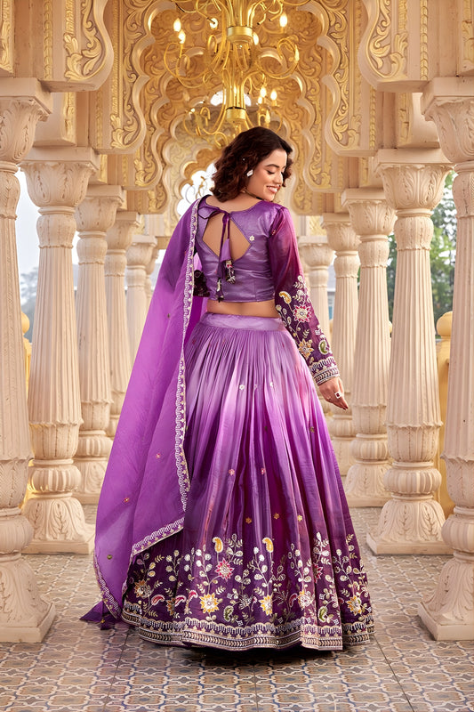 Trendy Purple Embroidered Gold Crush Silk Lehenga Choli with Dupatta for Wedding