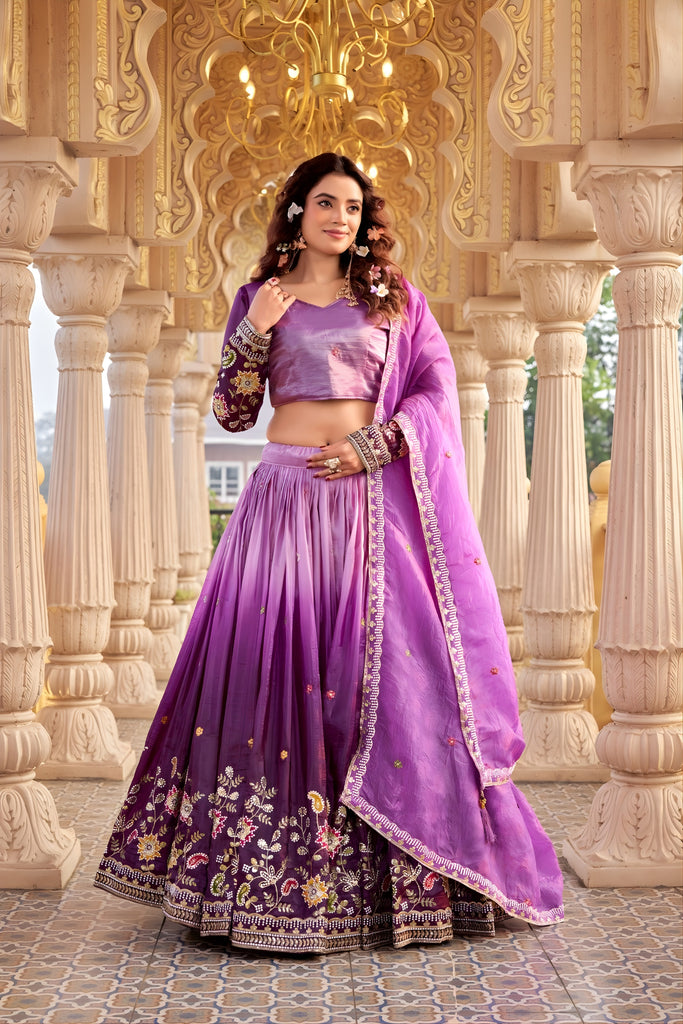 Trendy Purple Embroidered Gold Crush Silk Lehenga Choli with Dupatta for Wedding