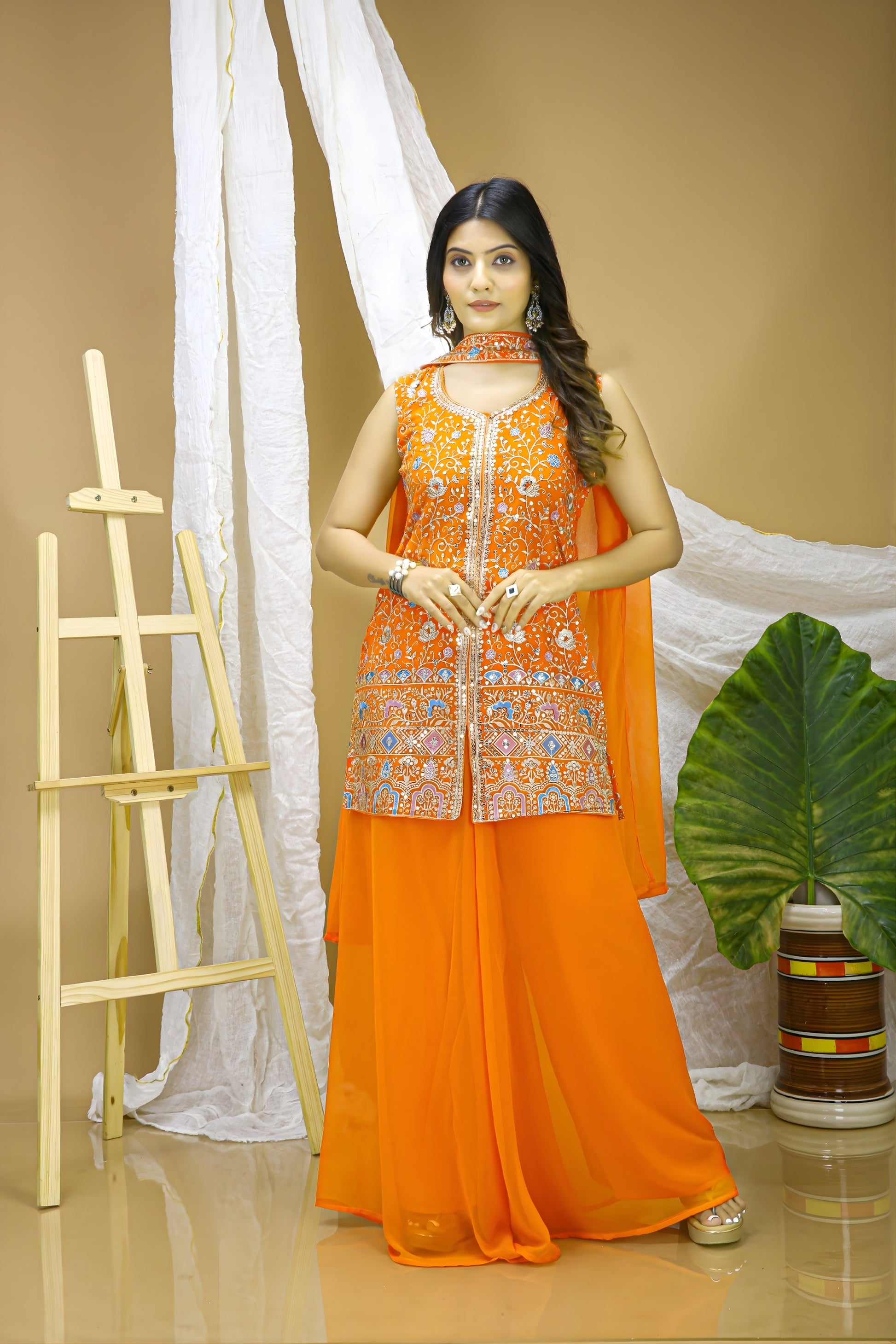 Traditional Orange Georgette Embroidered Salwar Suit For Wedding