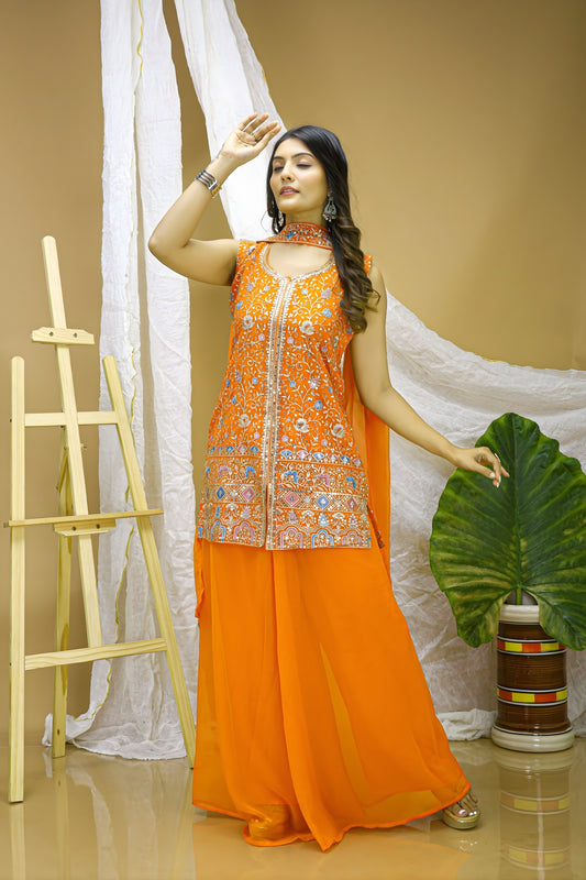 Traditional Orange Georgette Embroidered Salwar Suit For Wedding