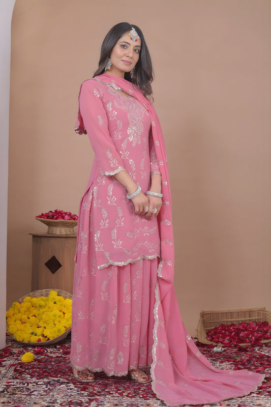 Designer Pink Embroidered Faux Georgette Salwar Suit For Wedding