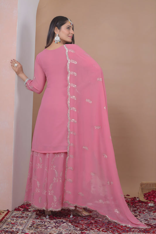Designer Pink Embroidered Faux Georgette Salwar Suit For Wedding