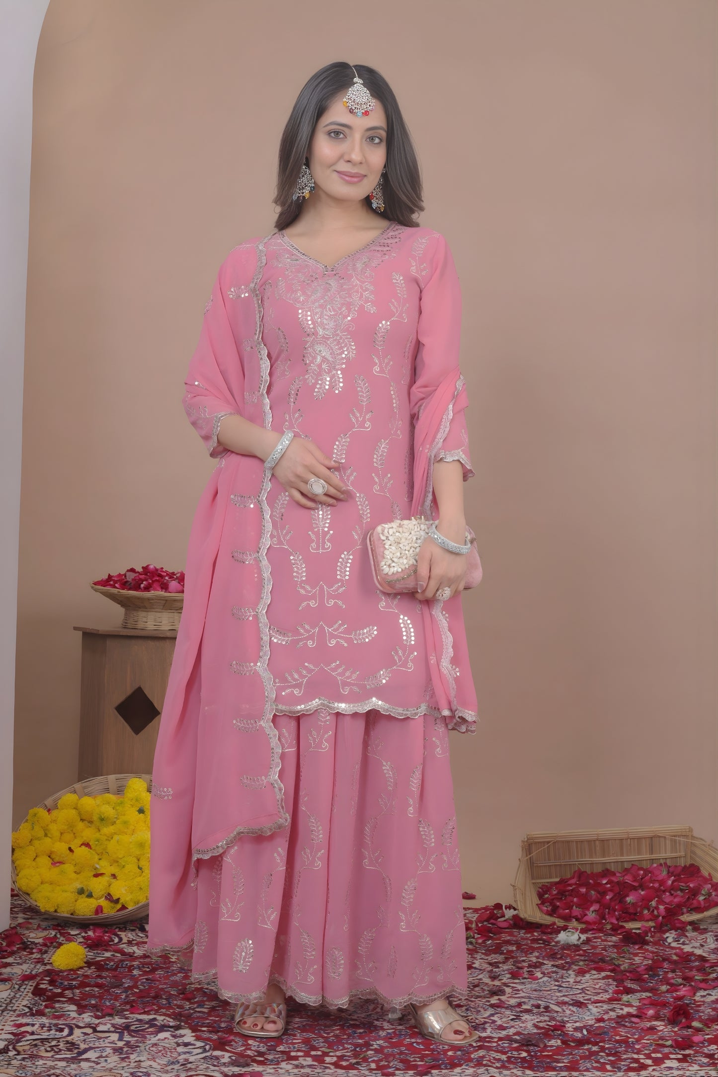 Designer Pink Embroidered Faux Georgette Salwar Suit For Wedding