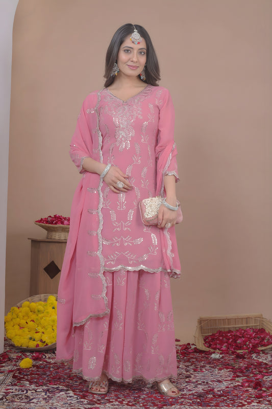 Designer Pink Embroidered Faux Georgette Salwar Suit For Wedding