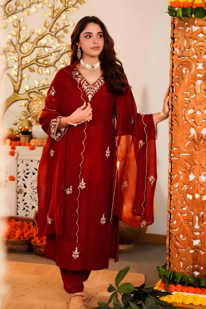 Elegant Maroon Embroidered Vichitra Silk Salwar Suit with Dupatta for Wedding