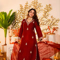 Elegant Maroon Embroidered Vichitra Silk Salwar Suit with Dupatta for Wedding