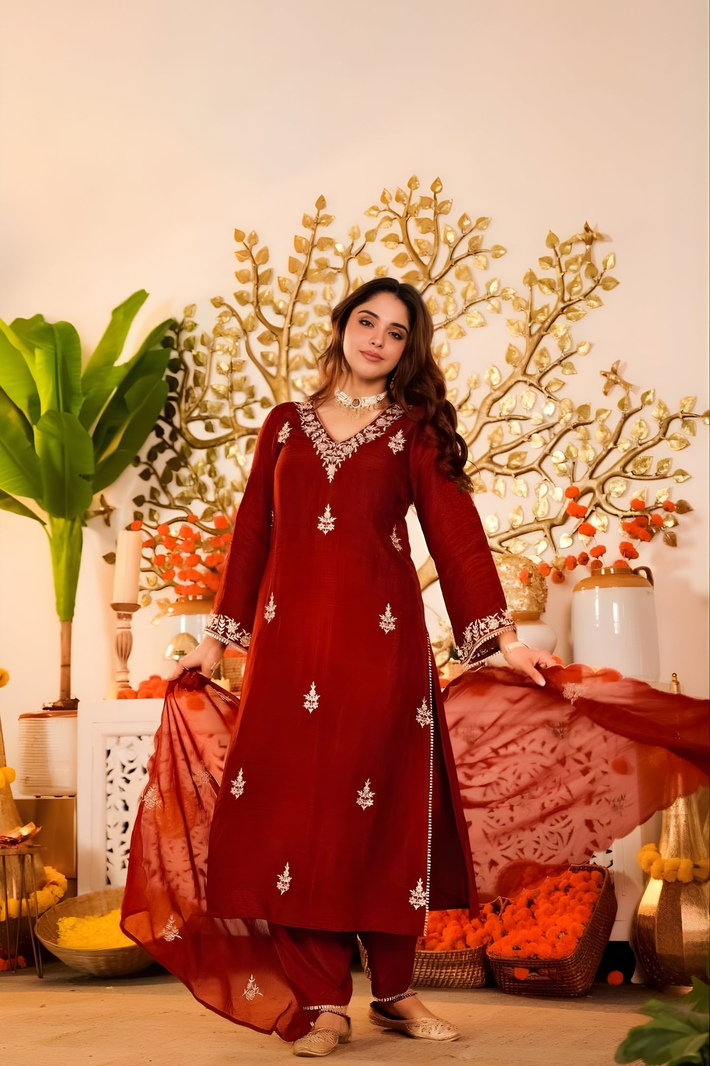 Elegant Maroon Embroidered Vichitra Silk Salwar Suit with Dupatta for Wedding