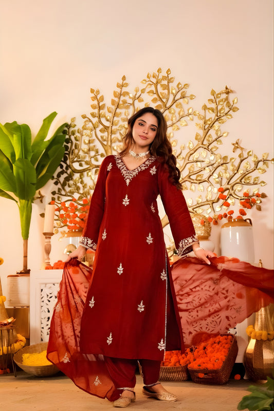 Elegant Maroon Embroidered Vichitra Silk Salwar Suit with Dupatta for Wedding