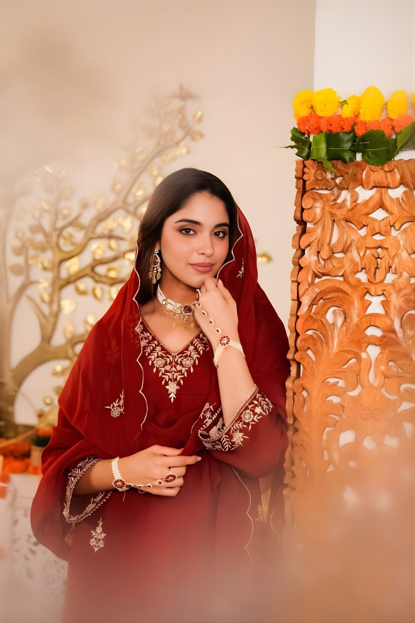 Elegant Maroon Embroidered Vichitra Silk Salwar Suit with Dupatta for Wedding