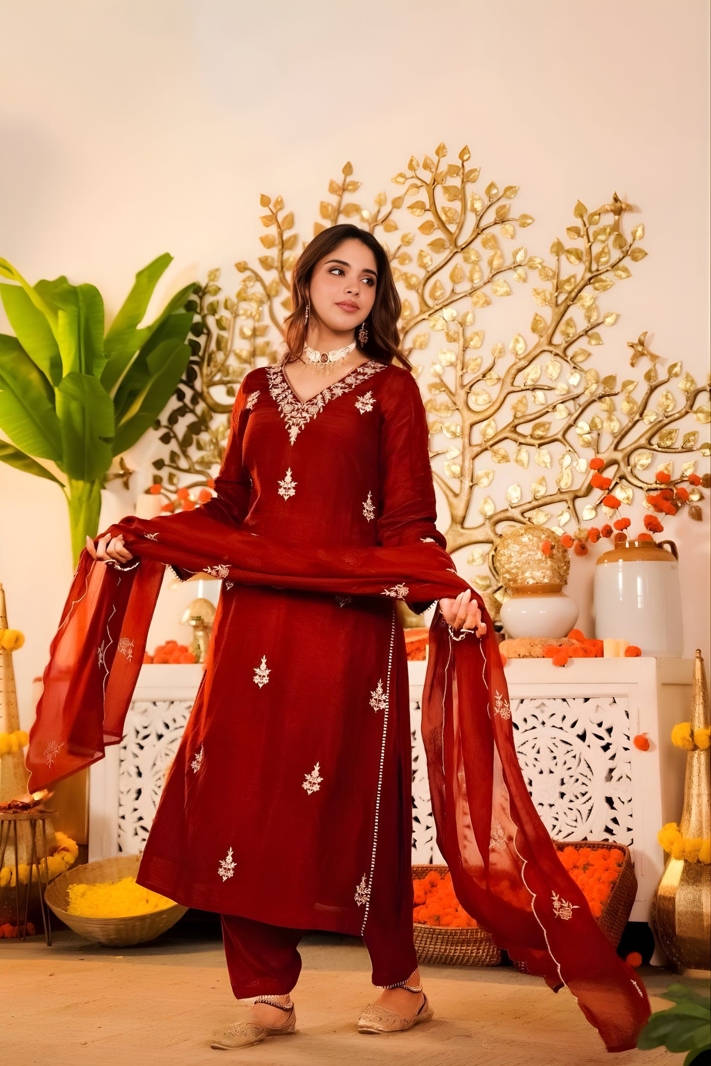 Elegant Maroon Embroidered Vichitra Silk Salwar Suit with Dupatta for Wedding