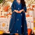 Glorious Navy Blue Embroidered Vichitra Silk Salwar Suit with Dupatta for Wedding