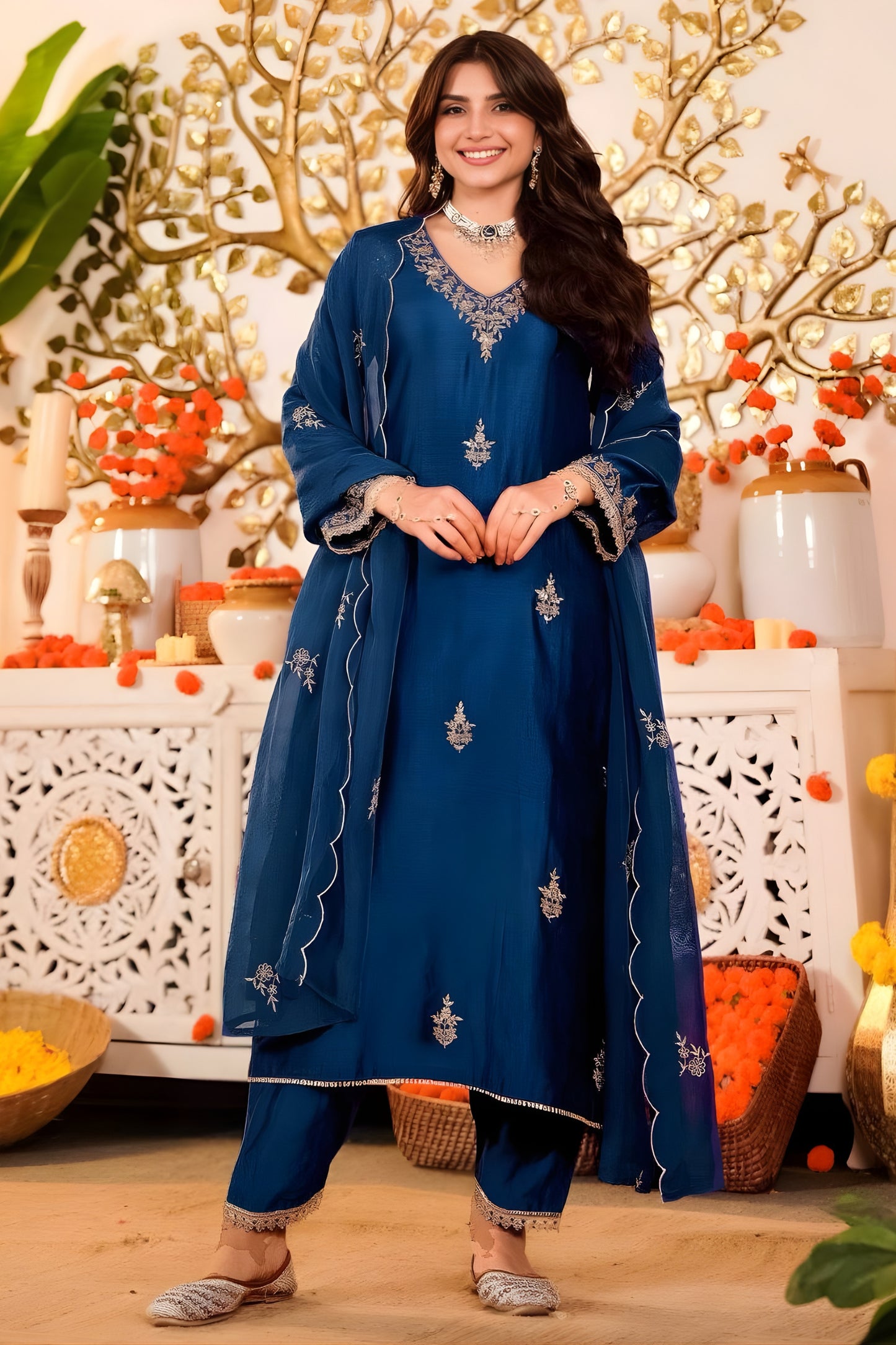Glorious Navy Blue Embroidered Vichitra Silk Salwar Suit with Dupatta for Wedding