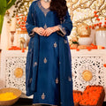 Glorious Navy Blue Embroidered Vichitra Silk Salwar Suit with Dupatta for Wedding