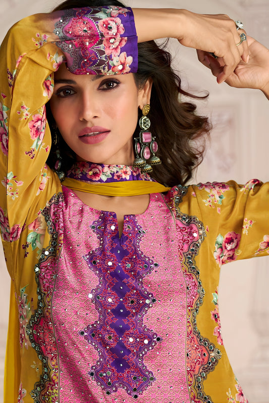 Elegant Mustard Yellow and Pink Embroidered Salwar Suit with Dupatta for Festive Wear