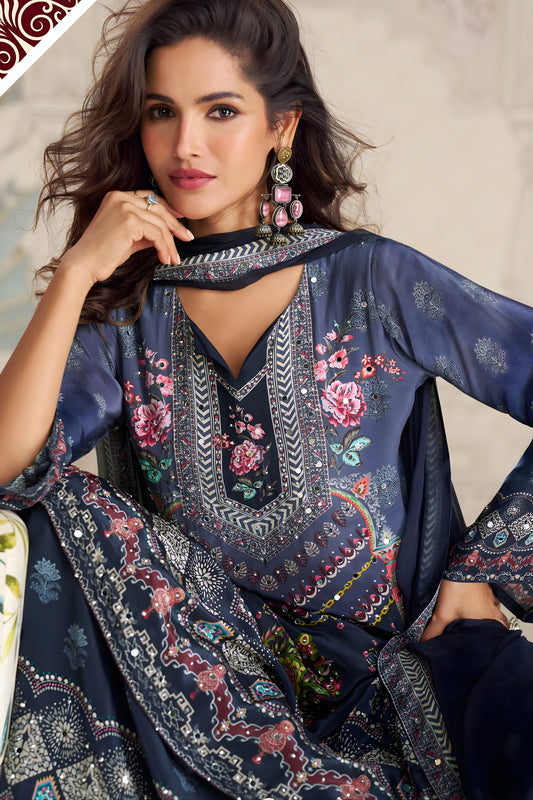 Unique Navy Blue Embroidered Salwar Suit with Dupatta for Festive Wear