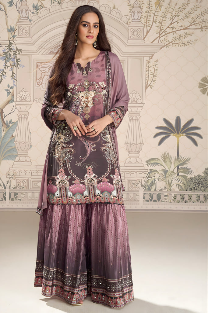Latest Mauve Embroidered Crepe Salwar Suit with Dupatta for Festive Wear