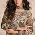 Great Beige Embroidered Crepe Salwar Suit with Dupatta for Festive Wear