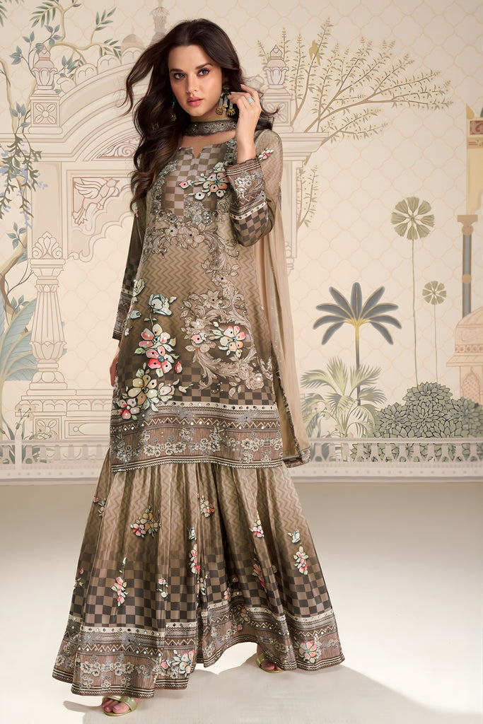 Great Beige Embroidered Crepe Salwar Suit with Dupatta for Festive Wear